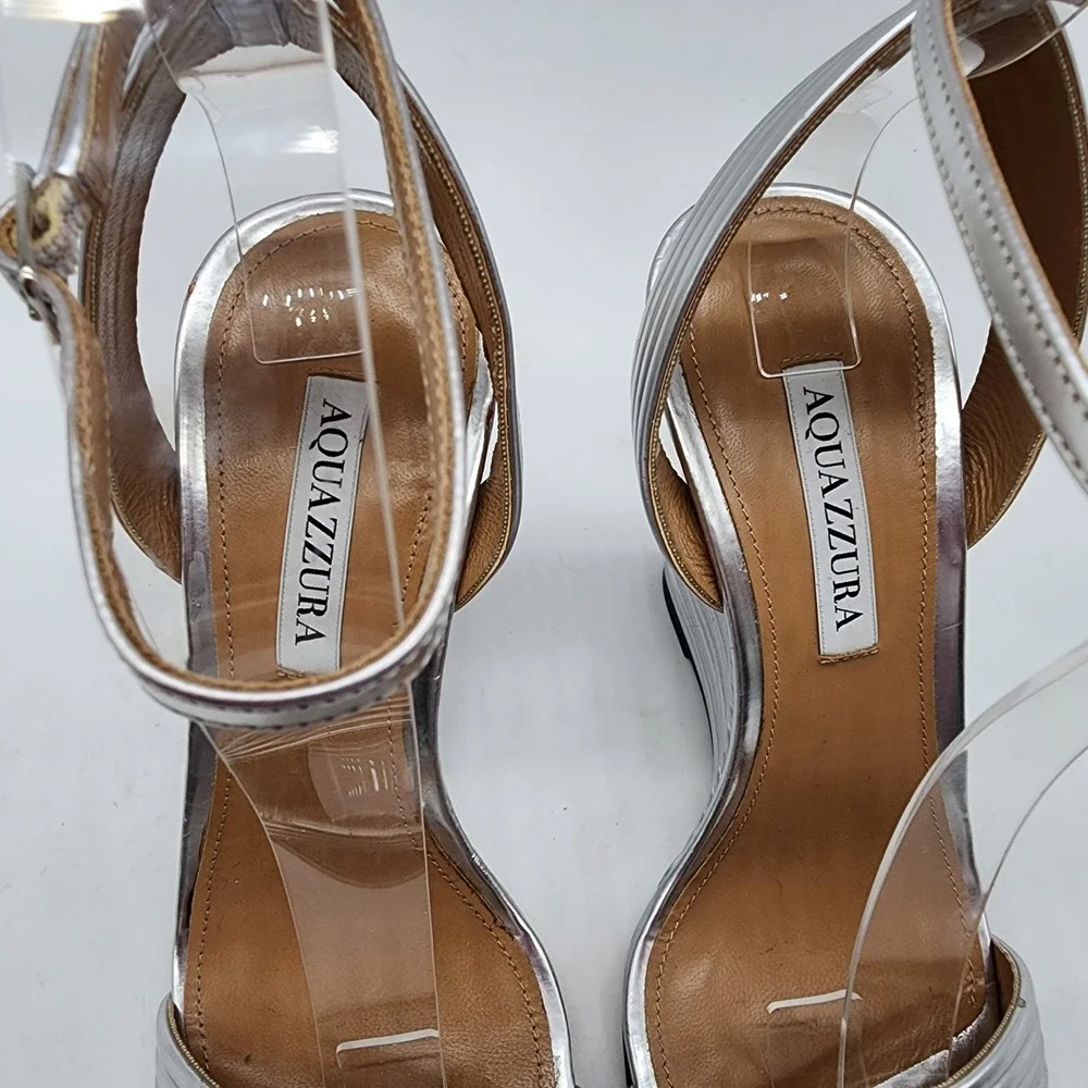 Aquazzura Wow 95 MM Metallic Silver Wedge Sandals EU 37 US 7 Ankle Strap Heels